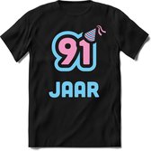 91 Jaar Feest kado T-Shirt Heren / Dames - Perfect Verjaardag Cadeau Shirt - Licht Blauw / Licht Roze - Maat L