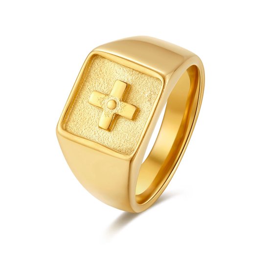 Twice As Nice Ring in goudkleurig edelstaal, vierkante zegel ring, kruisje