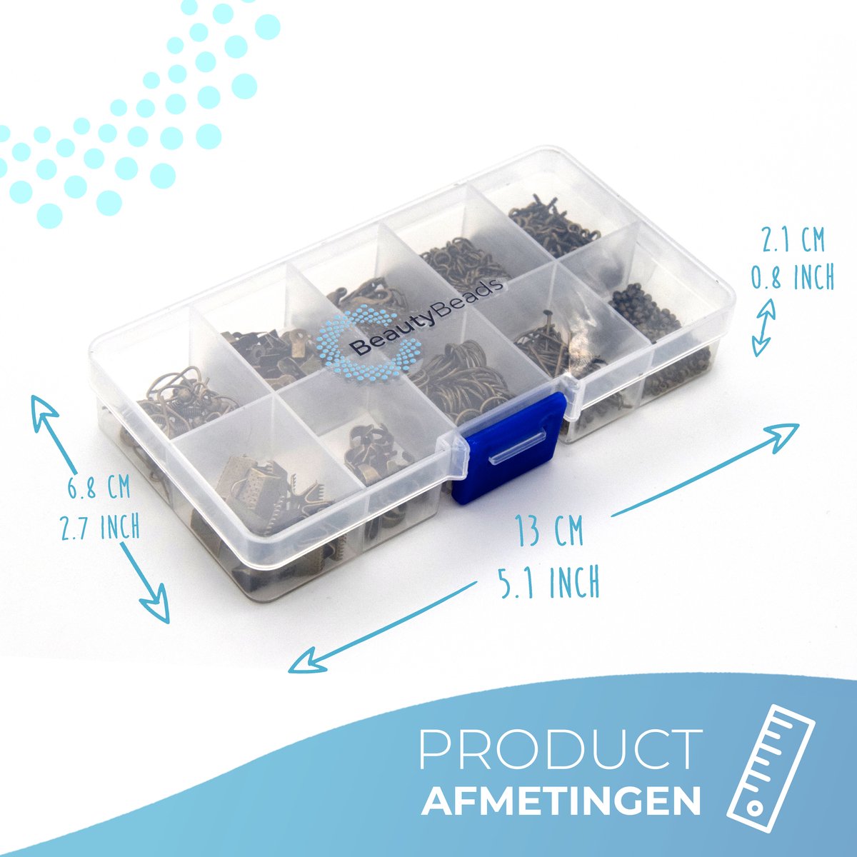 Opbergdoosje met +500 Messing Onderdelen – Sieraden Maken met 10 Verschillende Types Juwelen Onderdelen – Armbanden/Halskettingen/Oorbellen/Enkelbandjes en Meer – BB201 Messing — afbeelding 3