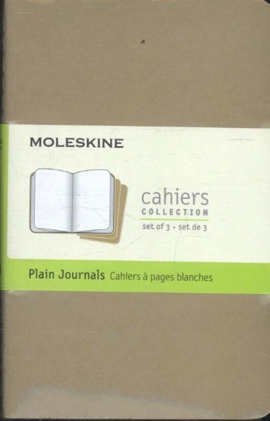 Een bruin Moleskine Cahiers notitieboek met een beige band met de tekst 'cahiers COLLECTION' en 'Plain Journals'.
