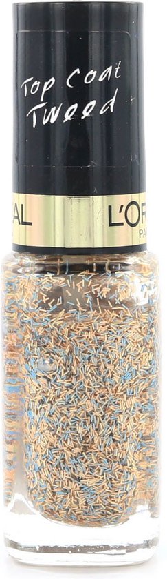 Glazen flesje nagellak met gouden, bruine en blauwe spikkels. Zwarte dop met 'Top Coat Tweed'.