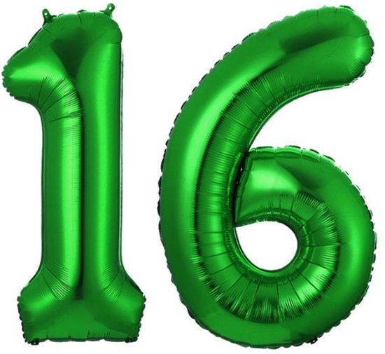 Folie Ballon Cijfer 16 Jaar Groen Verjaardag Versiering Helium Cijfer ballonnen Feest versiering Met Rietje - 86Cm