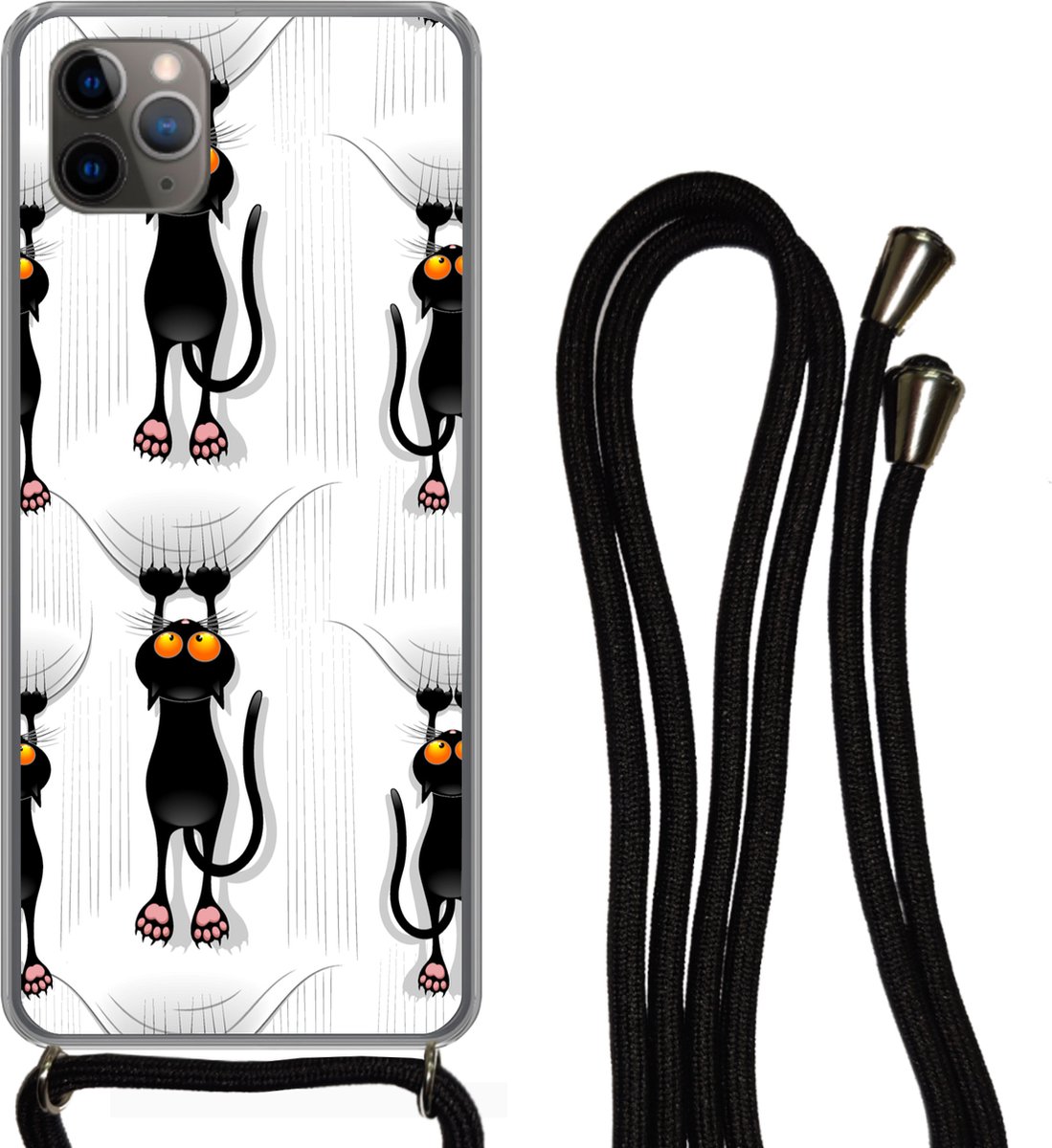 Telefoonhoesje Geschikt voor iPhone 11 Pro - Patroon - Kat - Zwart - Jongens - Meisjes - Kinderen - Kids - Siliconen - Crossbody - Backcover met Koord - Telefoonhoesje met koord - Hoesje met touw Telefoonhoesje