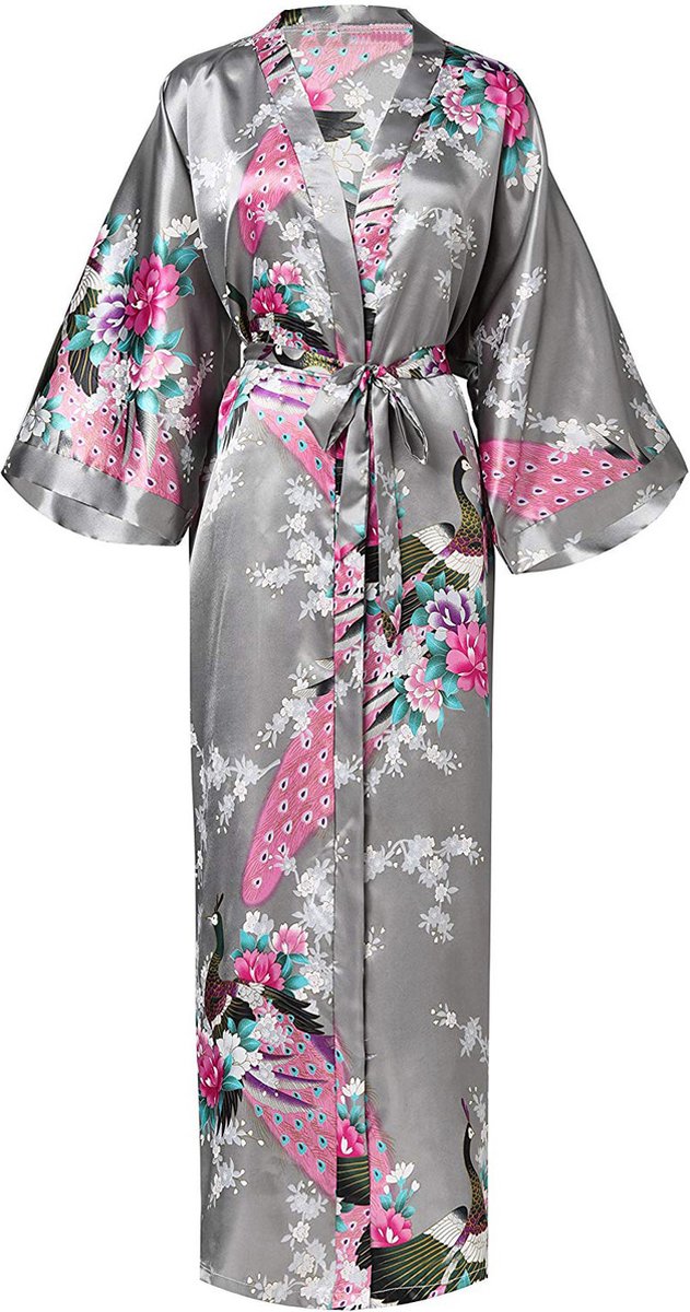 KIMU® kimono zilver grijs satijn - maat XL-XXL - ochtendjas yukata kamerjas badjas - boven de enkels