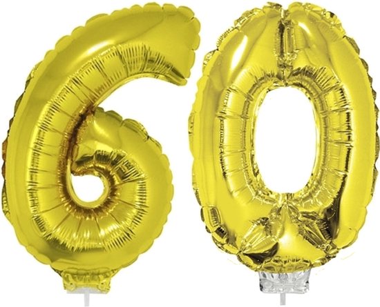 60 jaar leeftijd feestartikelen/versiering cijfers ballonnen op stokje van 41 cm - Combi van cijfer 60 in het goud