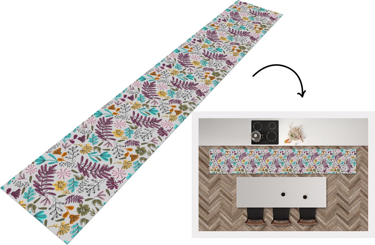 KitchenYeah Keukenloper - Keukenmat - Bloemen - Bladeren - Patroon - 360x60 cm - Keuken vloerkleed Multicolor