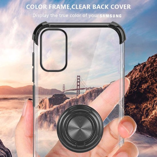 Hoesje Geschikt Voor Samsung Galaxy A71 hoesje silicone met ringhouder Back Cover Case - Transparant/Zwart