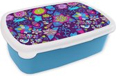 Broodtrommel Blauw - Lunchbox - Brooddoos - Meisjes - Konijn - Roze - Patronen - Girl - Kids - Kinderen - 18x12x6 cm - Kinderen - Jongen