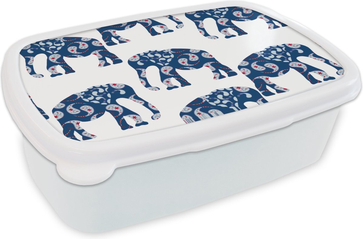 Broodtrommel Wit - Lunchbox - Brooddoos - Olifant - Dier - Patroon - 18x12x6 cm - Volwassenen
