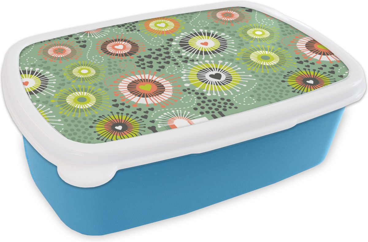 Broodtrommel Blauw - Lunchbox - Brooddoos - Bloem - Design - Hartjes - 18x12x6 cm - Kinderen - Jongen