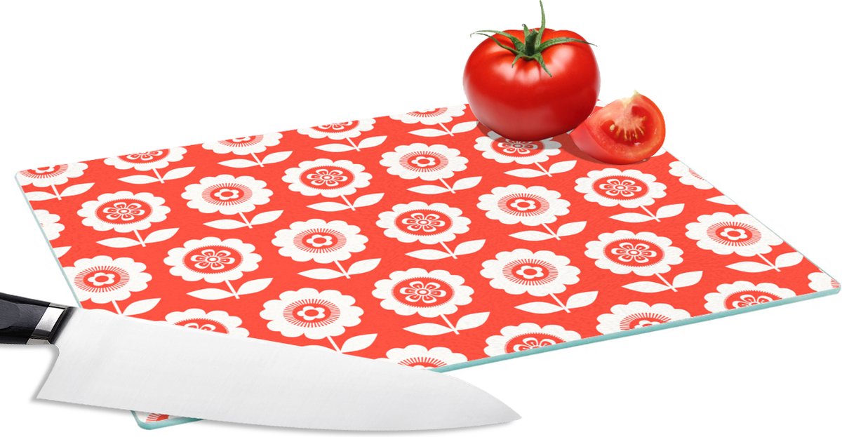 Glazen Snijplank - 28x20 - Bloemen - Patroon - Rood - Snijplanken Glas