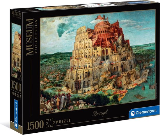 Doos van een 1500-stukjes legpuzzel van de Toren van Babel, met de merknaam Clementoni.