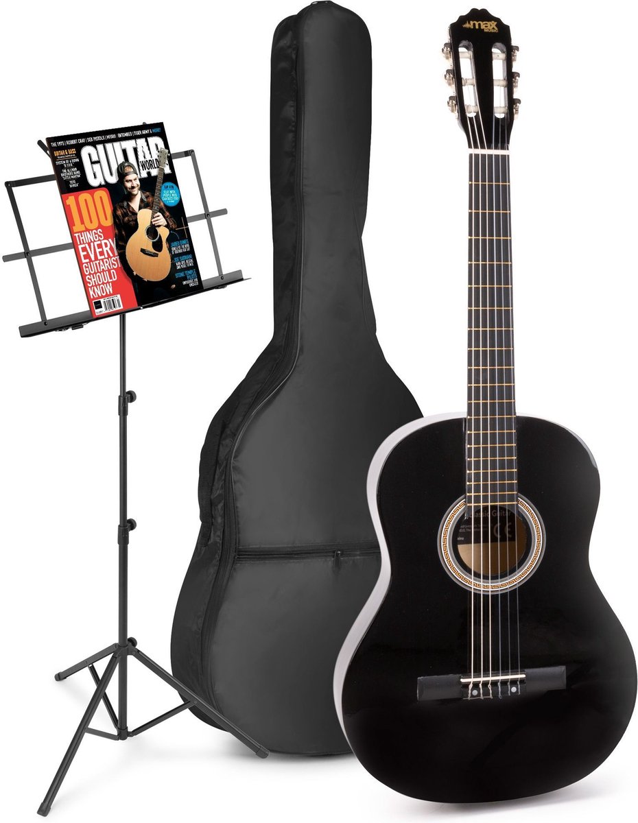 Akoestische gitaar voor beginners - MAX SoloArt klassieke gitaar / Spaanse gitaar met o.a. 39'' gitaar, muziekstandaard, gitaartas, gitaar stemapparaat en extra accessoires - Zwart