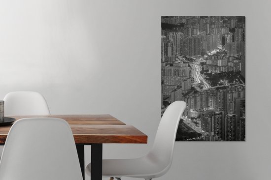 Peinture sur toile Hong Kong le soir - noir et blanc - 60x90 cm - Décoration murale
