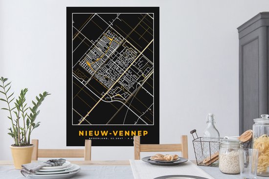 Muurstickers - Sticker Folie - Nieuw-Vennep - Stadskaart - Plattegrond - Kaart - Black and Gold - 80x120 cm - Plakfolie - Muurstickers Kinderkamer - Zelfklevend Behang - Zelfklevend behangpapier - Stickerfolie