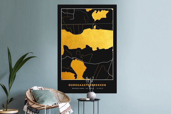 Muurstickers - Sticker Folie - Kaart - Plattegrond - Stadskaart - Goud - Oudegaasterbrekken - 80x120 cm - Plakfolie - Muurstickers Kinderkamer - Zelfklevend Behang - Zelfklevend behangpapier - Stickerfolie