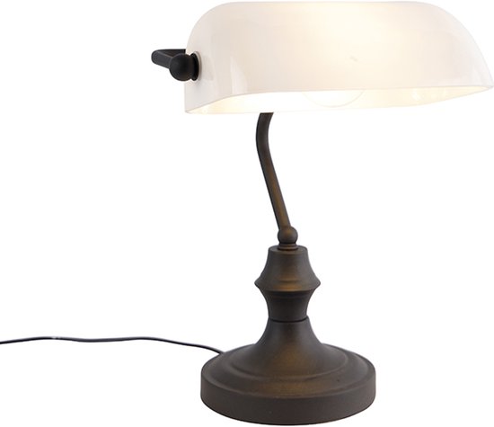 Lampe de banquier avec abat-jour blanc et base en métal foncé.