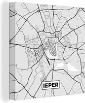 Canvas Schilderij Zwart Wit – België – Plattegrond – Stadskaart – Kaart – Ieper - 50x50 cm - Wanddecoratie