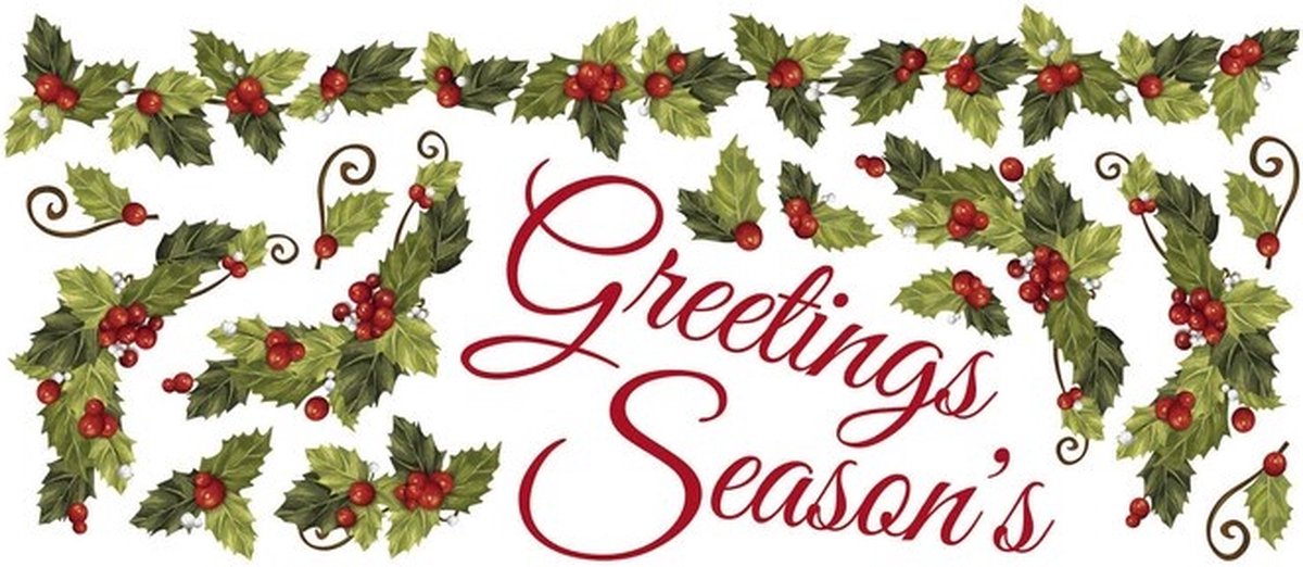 Muursticker |"seasons greetings" | hulst met besjes | Kerst | rood | groen