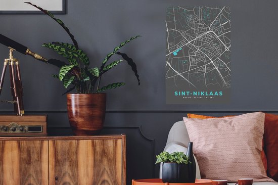 Muurstickers - Sticker Folie - België – Sint Niklaas – Stadskaart – Kaart – Blauw – Plattegrond - 40x60 cm - Plakfolie - Muurstickers Kinderkamer - Zelfklevend Behang - Zelfklevend behangpapier - Stickerfolie