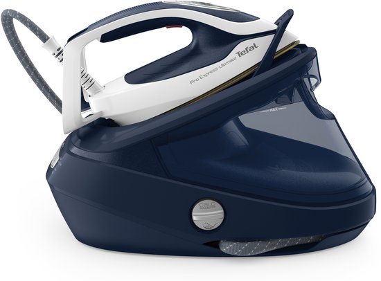 Een donkerblauwe Tefal Pro Express Ultimate II stoomgenerator met het witte strijkijzer erop. Een knop voor kalkverwijdering is zichtbaar.