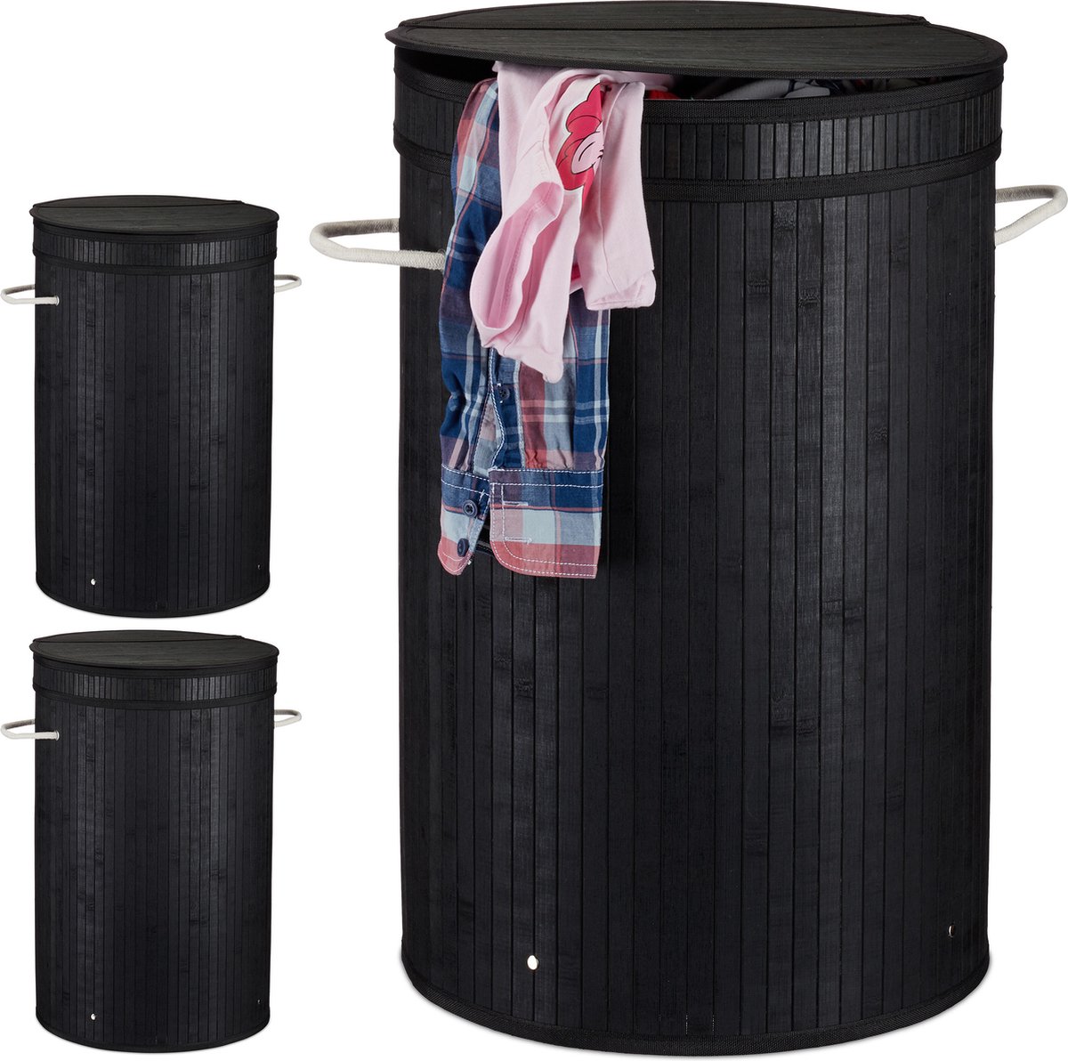 Goedkoopste 3x wasmand bamboe - ronde wasbox met deksel - 63 x 40 cm - 65 liter - zwart