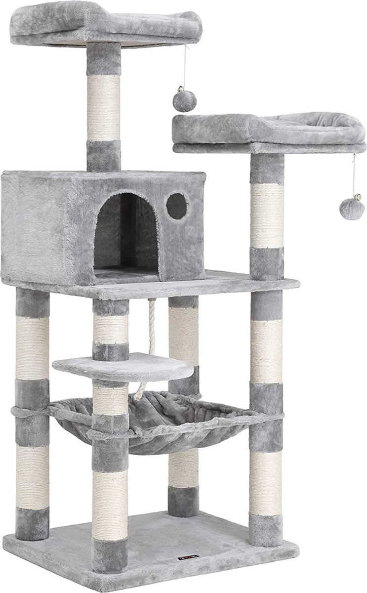 Krabpaal - Klimpaal - Kattenmand - Met grot en hangmat - voor Katten - 2 gezellige uitkijkplateaus - Sisal - 143 cm - lichtgrijs - PCT15W