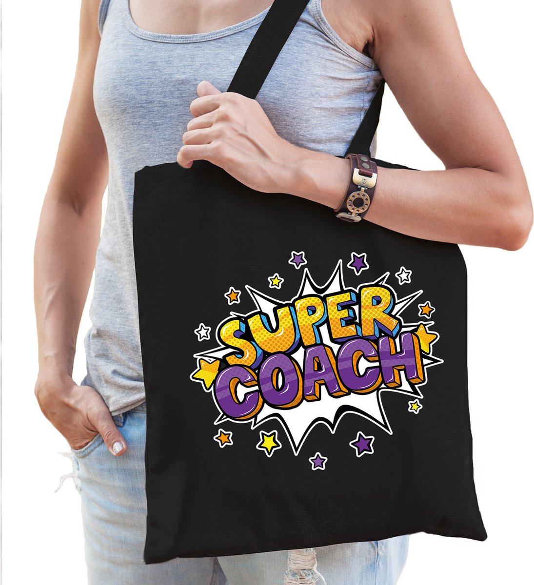 Super coach popart katoenen tas zwart voor volwassenen - verjaardag - kado / tasje / shopper