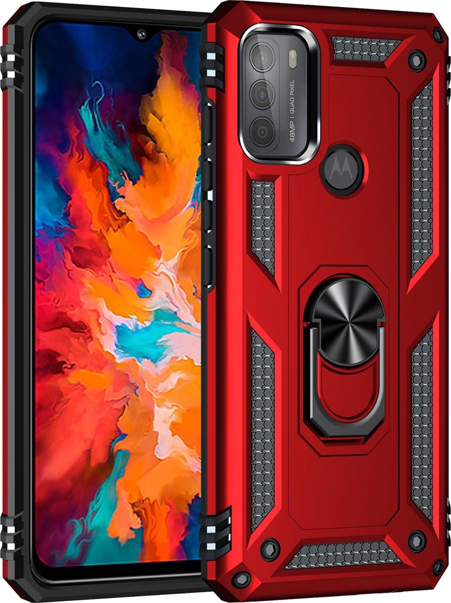 Mobigear Hoesje geschikt voor Motorola Moto G50 Telefoonhoesje Hardcase | Mobigear Armor Ring Backcover Shockproof met Ringhouder | Schokbestendig Moto G50 Telefoonhoesje | Anti Shock Proof - Rood