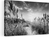 Artaza Canvas Schilderij Strand en Zee vanuit Duinen met Zonsondergang - Zwart Wit - 90x60 - Foto Op Canvas - Canvas Print - Muurdecoratie