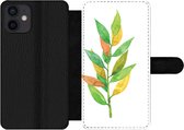 Bookcase Geschikt voor iPhone 12 Mini telefoonhoesje - Waterverf - Bladeren - Planten - Met vakjes - Wallet case met magneetsluiting