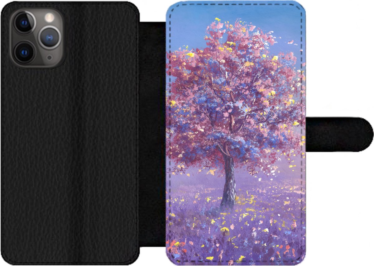 Telefoonhoesje Geschikt voor iPhone 11 Pro telefoonhoesje - Boom - Zomer - Roze - Met vakjes - Wallet case met magneetsluiting