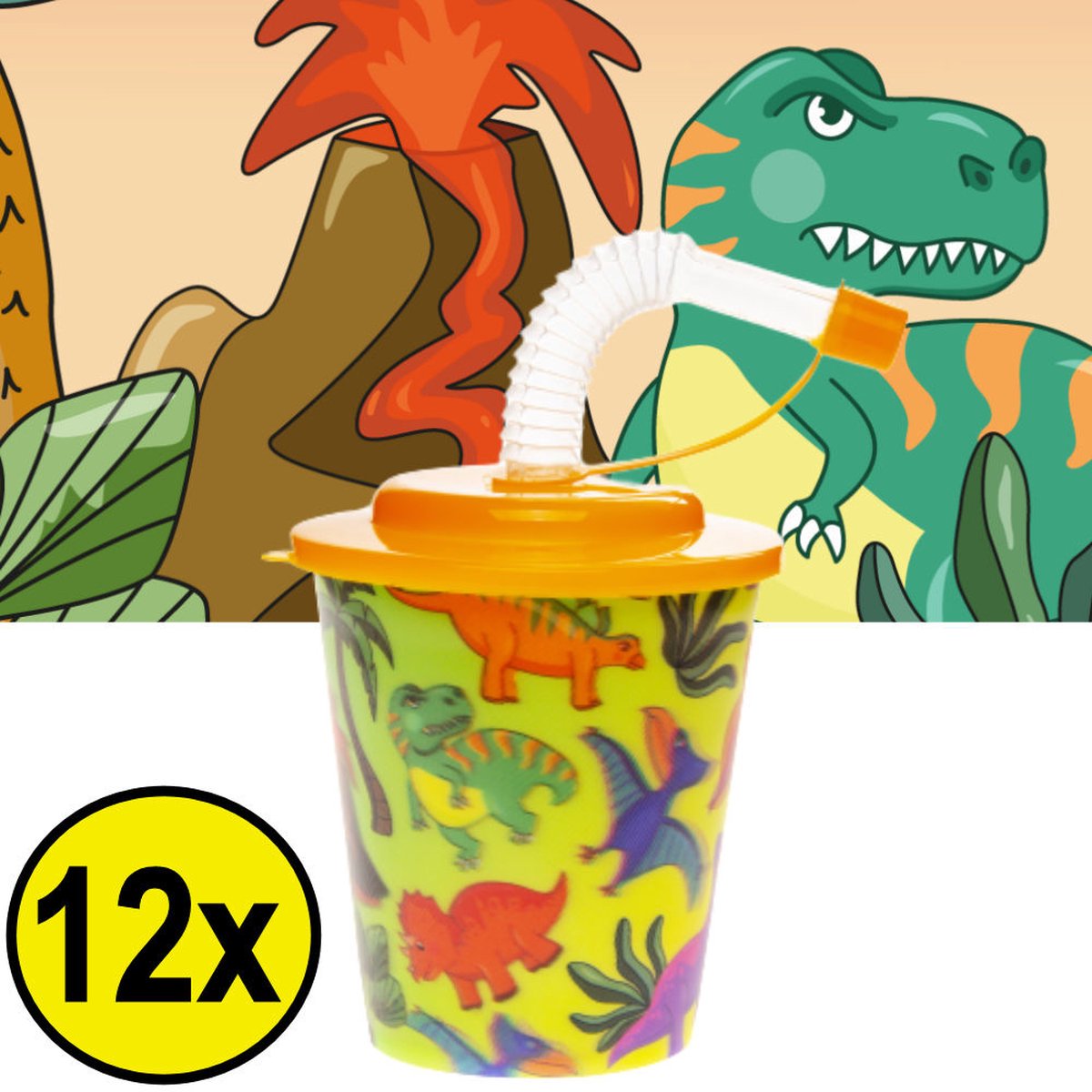 Decopatent® 12 STUKS DINOSAURUS 3D Drink Beker met Rietje en Deksel - 250ML - Dino Plastic Bekers - Kinderfeestje - Kinderverjaardag Bekertjes - Traktatie - Uitdeelcadeaus