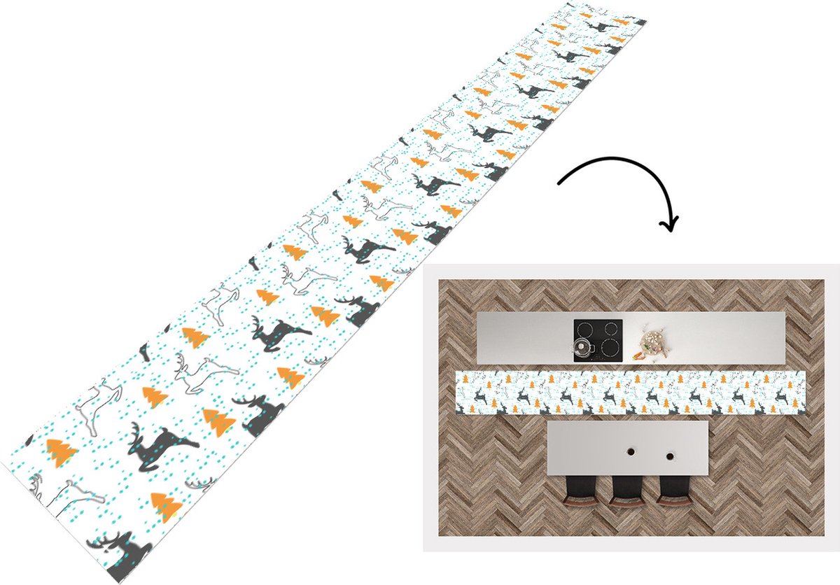 KitchenYeah Keukenloper - Keukenmat - Hert - Patroon - Boom - 480x60 cm - Keuken vloerkleed Multicolor