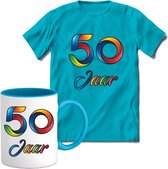 50 Jaar Vrolijke Verjaadag T-shirt met mok giftset Blauw | Abraham en Sarah Verjaardag cadeau pakket set | Grappig feest shirt Heren – Dames – Unisex kleding | Koffie en thee mok |