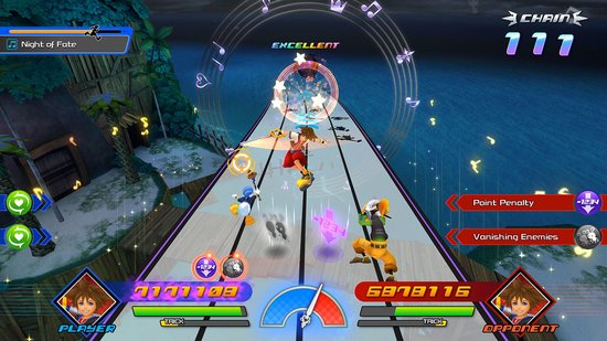 Sora, Donald en Goofy spelen muziek op een strand, met een score van 777.