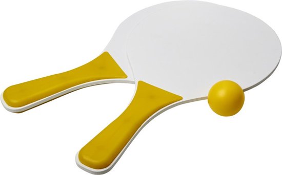 Foto: Geel witte beachball set buitenspeelgoed houten beachballset rackets batjes en bal tennis ballenspel