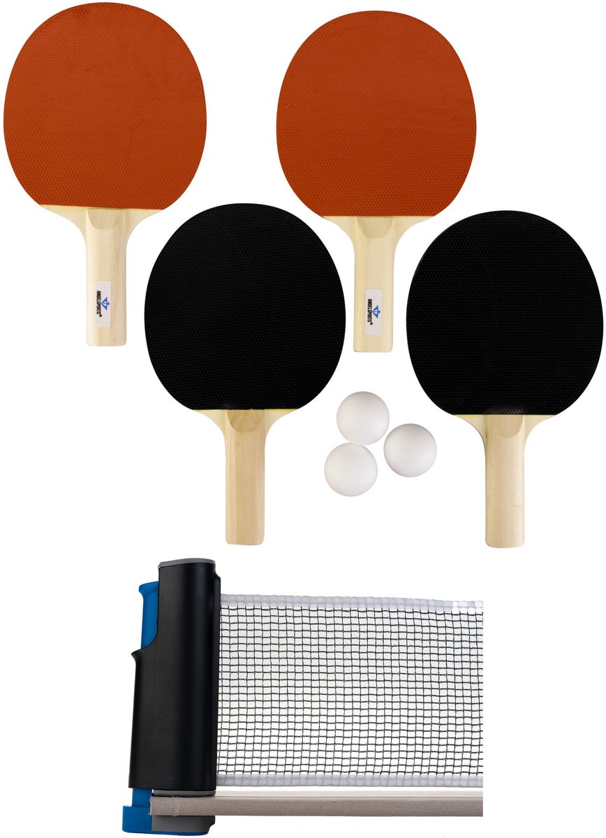 Tafeltennis batjes 4x stuks met een tafel netje set en 3 ballen - ping pong combinatie setje