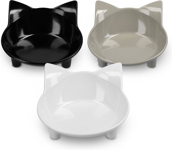 Navaris antislip voerbakjes voor katten - Set van 3 voer- en waterbakken - Inhoud per voerbak 210 ml - Met kattenkopjes vorm - In grijs wit en zwart