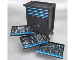 Datona® Gereedschapswagen met 3 gevulde lades en kast - Zwart