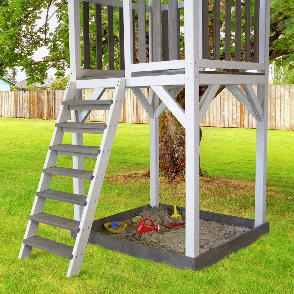 AXI Beach Tower Speeltoestel in Grijs/Wit - Speeltoren met Zandbak, Dubbele Schommel en Grijze Glijbaan - FSC hout - Speelhuis op palen voor de tuin — afbeelding 12