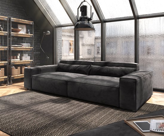 Canapé XL Sirpio XL microfibre noir 270x125 cm passepoil avec pouf