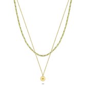 Twice As Nice Halsketting in goudkleurig edelstaal, dubbele ketting, groene kristallen, ronde hanger met ster en groen kristal 40 cm+5 cm