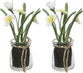 4x Wit/gele Narcissus/narcissen kunstplanten 15 cm in glazen pot - Kunstplanten/nepplanten -  Pasen/voorjaar versiering/decoratie