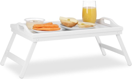 Relaxdays bedtafel bamboe wit- dienbladtafel - dienblad bed opstaande rand - vouwtafel