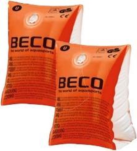 Twee oranje BECO zwembandjes met witte rand en tekst.