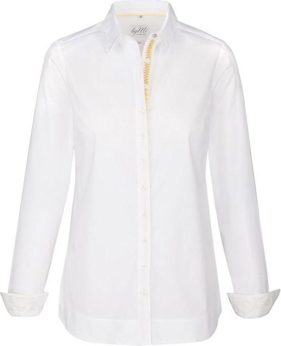 Dames blouse wit met lichtgeel borduurwerk accenten aan mouw en hals volwassen lange mouw katoen luxe chic maat 40
