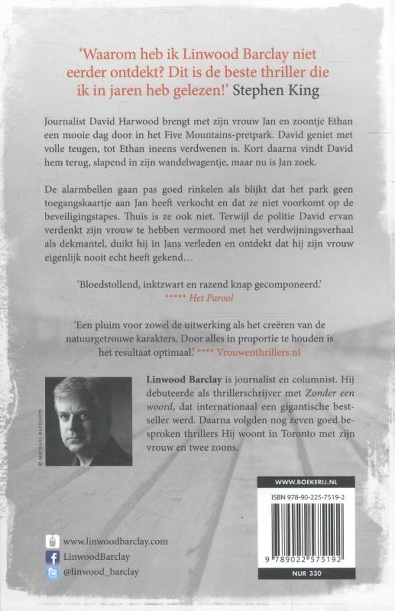 Achterflap van een thrillerboek met een zwart-witfoto van Linwood Barclay en tekst over het boek.