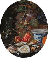 Stilleven met vruchten, oesters en een porseleinen kom, Abraham Mignon - Foto op Behangcirkel - ⌀ 120 cm