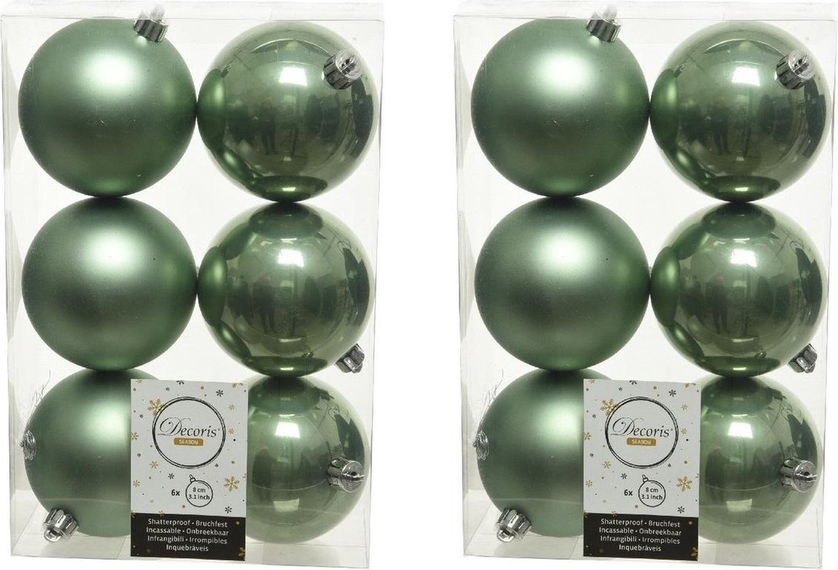 36x Salie groene kunststof kerstballen 8 cm - Mat/glans - Onbreekbare plastic kerstballen - Kerstboomversiering salie groen